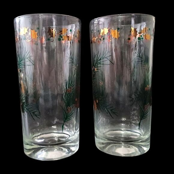 2 MCM Pine Branch Gold Holly Tumblers Continental Can Co Hazel Atlas Winter Vtg. - Picture 7 of 16